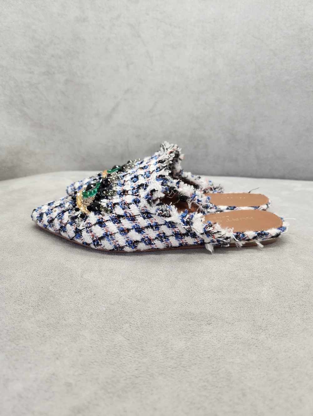 Kurt Geiger Mules 5 Blue White Tweed Plaid Olive Eye Fray Beaded Pointy New $195 - Picture 12 of 17